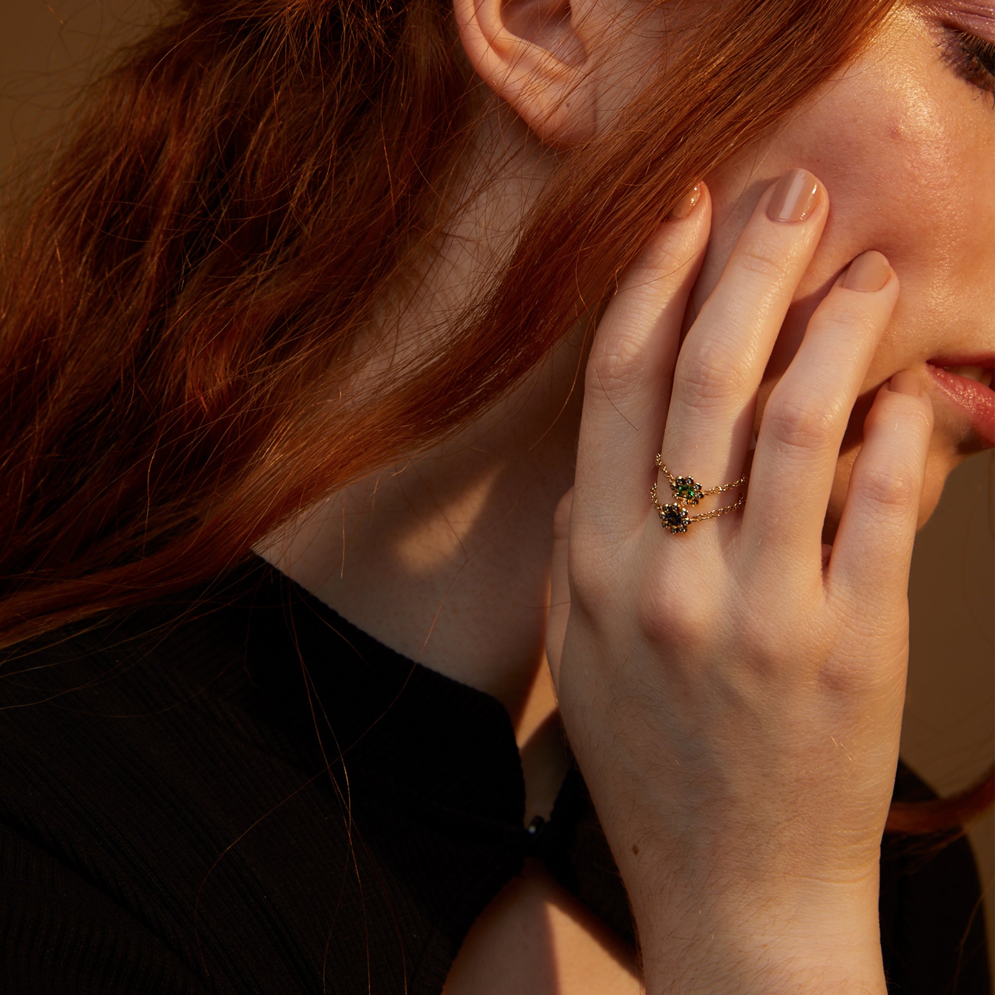 Green Garnet Diamond Flower Ring